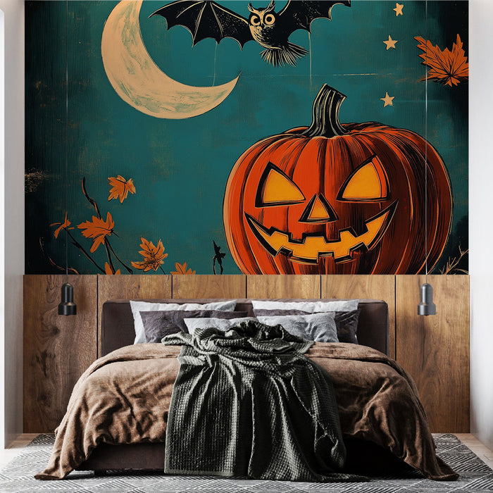 Papier peint Halloween | Citrouille et Chouette Nocturne