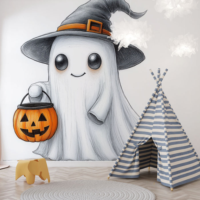 Papier peint Halloween | Fantôme mignon avec seau d'Halloween