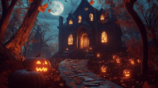 Papier peint Halloween Maison hantée avec citrouilles lumineuses