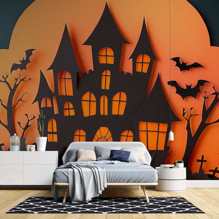 Papier peint Halloween | Maison hantée en papier découpé