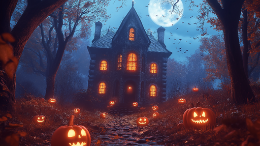 Papier peint Halloween Maison hantée et citrouilles lumineuses