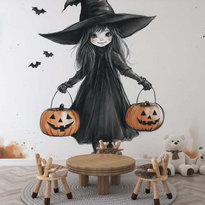 Papier peint Halloween sorcière | Illustration d'une jeune sorcière avec citrouilles