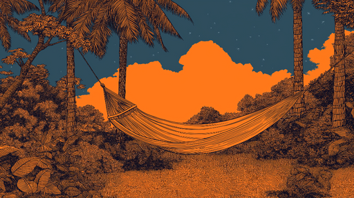 Papier peint hamac tropical Scène relaxante avec hamac entouré de palmiers et de nuages colorés