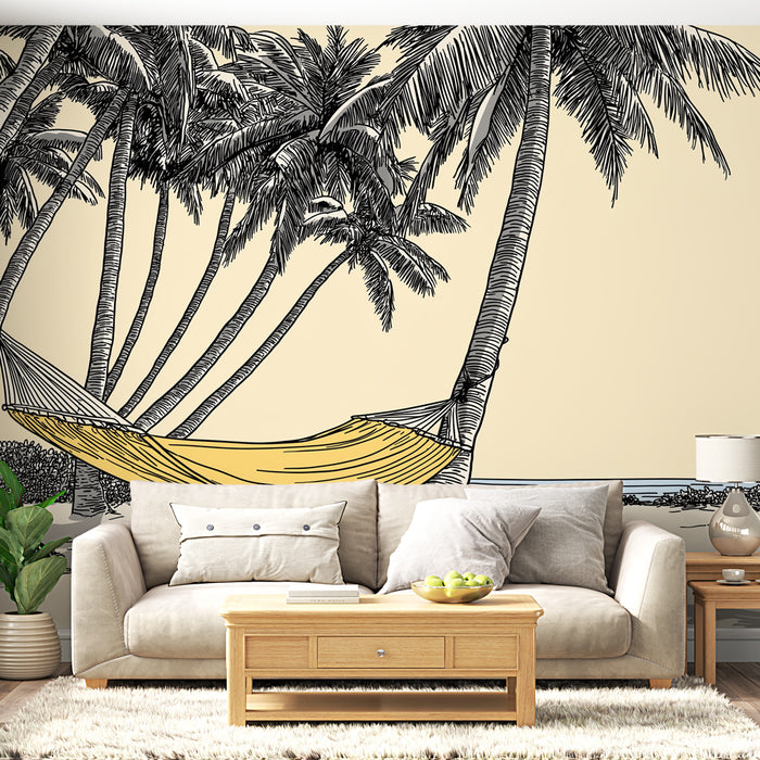 Un salon lumineux avec un papier peint illustrant des palmiers et un hamac sur fond beige, créant une atmosphère relaxante et tropicale.