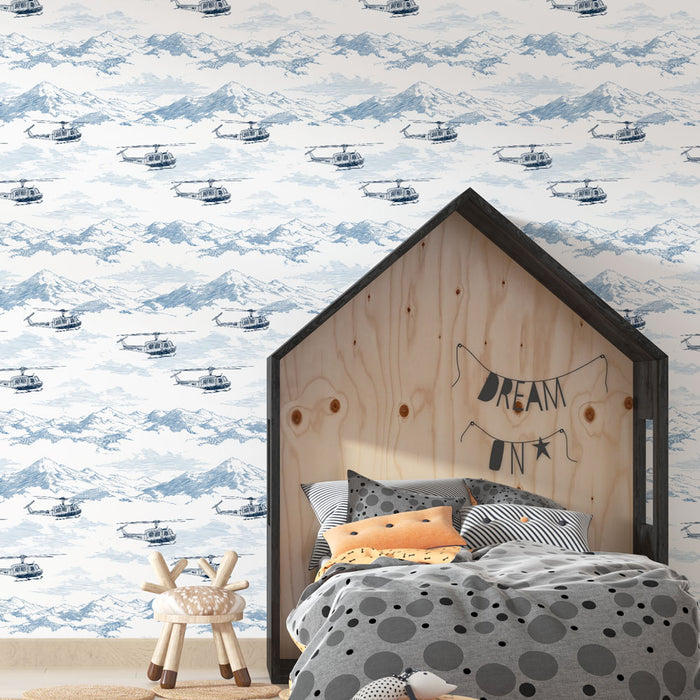 Une chambre moderne avec un papier peint illustrant des hélicoptères sur fond de montagnes bleues, créant une ambiance aventureuse et dynamique.
