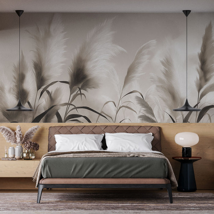 Une chambre moderne avec un papier peint représentant des herbes délicates en nuances de beige et gris, créant une atmosphère douce et apaisante.