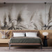 Une chambre moderne avec un papier peint représentant des herbes délicates en nuances de beige et gris, créant une atmosphère douce et apaisante.