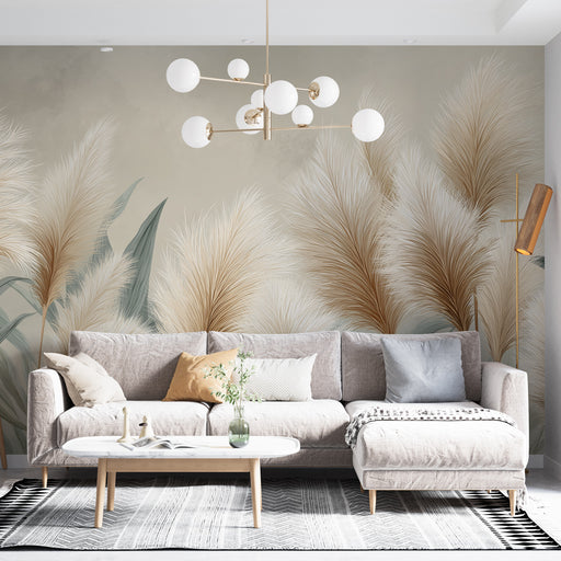 Un salon moderne avec un papier peint représentant des herbes hautes aux teintes beige et doré, créant une atmosphère douce et naturelle.