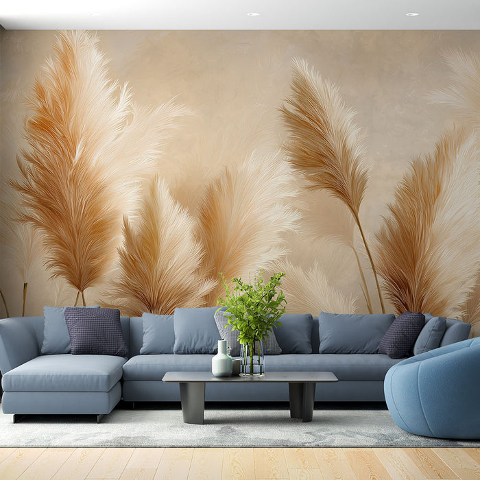 Un salon moderne avec un papier peint représentant de grandes herbes pampas dans des teintes beige et doré, créant une atmosphère chaleureuse et naturelle.