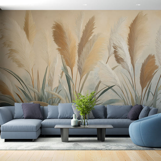 Un salon moderne avec un papier peint représentant des herbes pampas dans des teintes beiges et dorées, créant une atmosphère douce et naturelle.