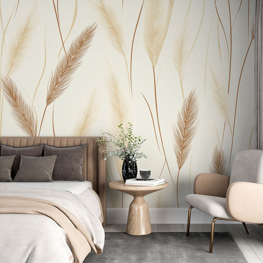 Papier peint herbes dorées avec motifs délicats de feuilles et tiges en tons beige et or pour chambre élégante