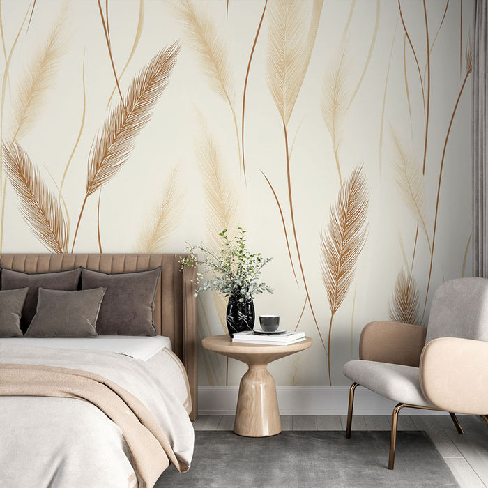 Papier peint herbes dorées avec motifs délicats de feuilles et tiges en tons beige et or pour chambre élégante