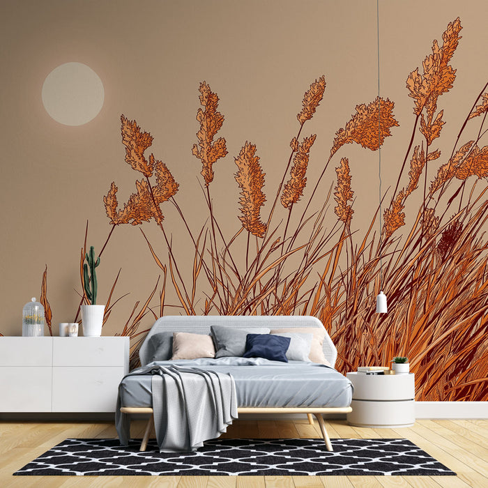 Une chambre moderne avec un papier peint représentant des herbes dorées sur fond beige, créant une ambiance chaleureuse et naturelle.