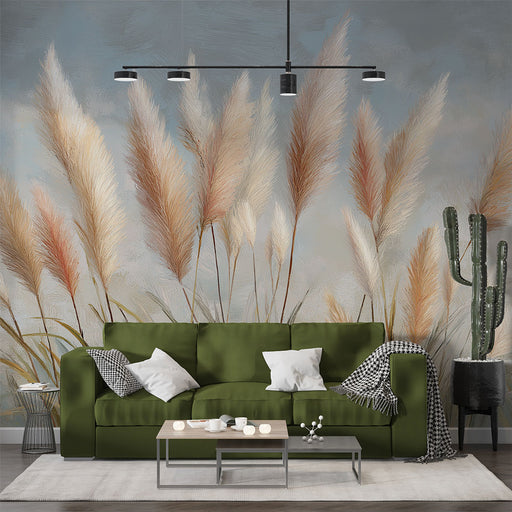 Une pièce moderne avec un papier peint représentant des herbes pampas dans des teintes douces, créant une atmosphère apaisante et naturelle.