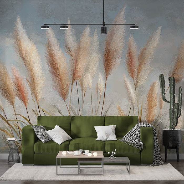 Une pièce moderne avec un papier peint représentant des herbes pampas dans des teintes douces, créant une atmosphère apaisante et naturelle.