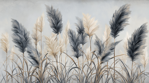 Papier peint herbes hautes Composition de graminées en nuances douces de beige et gris