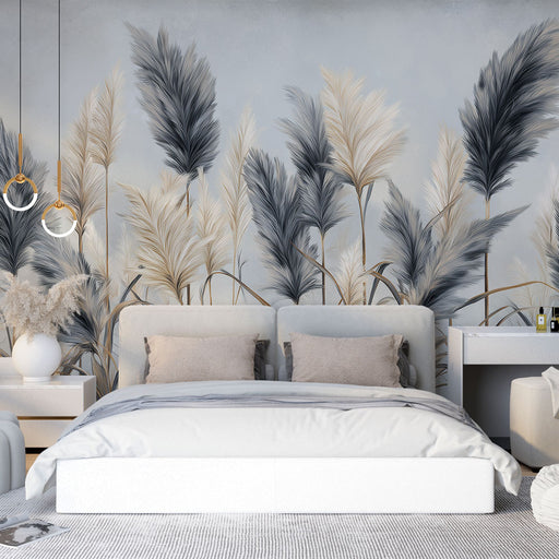 Une chambre moderne avec un papier peint représentant des herbes délicates en nuances de bleu et beige sur fond clair, créant une atmosphère apaisante et élégante.