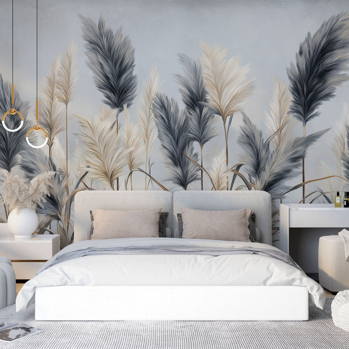 Une chambre moderne avec un papier peint représentant des herbes délicates en nuances de bleu et beige sur fond clair, créant une atmosphère apaisante et élégante.