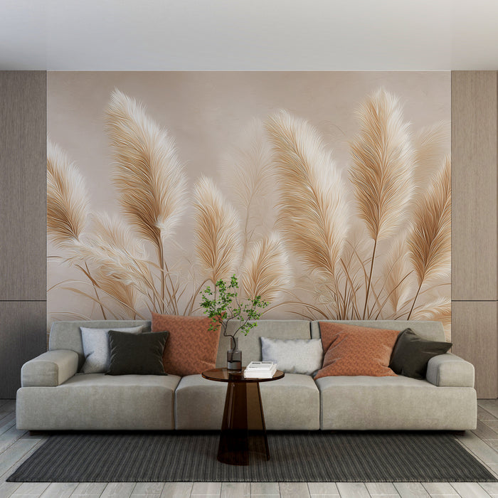 Un salon moderne avec un papier peint représentant des herbes pampas dans des teintes beiges et dorées, créant une ambiance chaleureuse et naturelle.