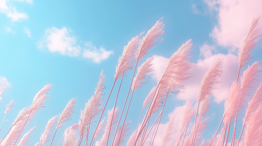 Papier peint herbes pampas Douces plumes roses sous ciel bleu