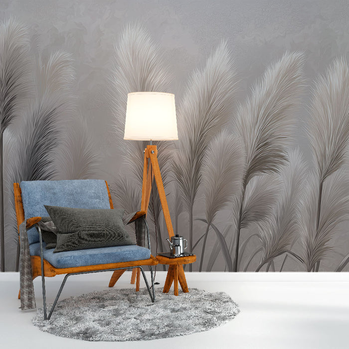Une pièce cosy avec un papier peint représentant des plumes grises délicates sur fond clair, créant une atmosphère apaisante et élégante.