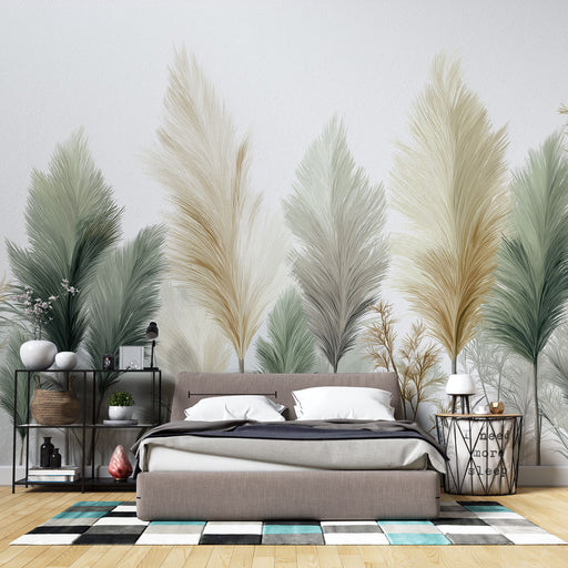 Une chambre moderne avec un papier peint représentant de grandes herbes délicates dans des teintes douces, créant une atmosphère apaisante et naturelle.
