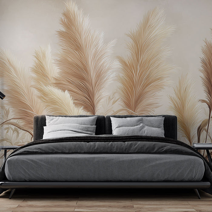 Une chambre moderne avec un papier peint représentant de grandes herbes pampas aux teintes douces et chaleureuses, créant une ambiance apaisante et naturelle.
