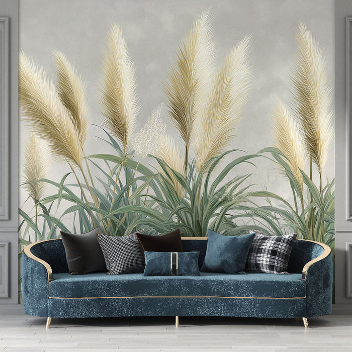 Une pièce élégante avec un papier peint illustrant de grandes herbes pampas dans des teintes douces sur fond gris, créant une atmosphère apaisante et naturelle.