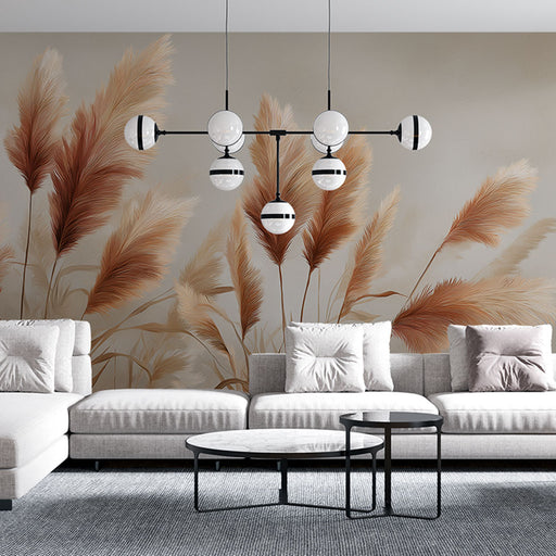 Un salon moderne avec un papier peint représentant des herbes dorées sur fond beige, créant une atmosphère chaleureuse et élégante.