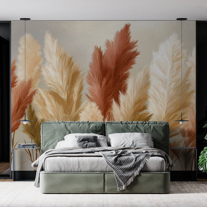 Une chambre moderne avec un papier peint représentant des plumes dans des teintes chaudes de beige et rouge, créant une atmosphère chaleureuse et accueillante.