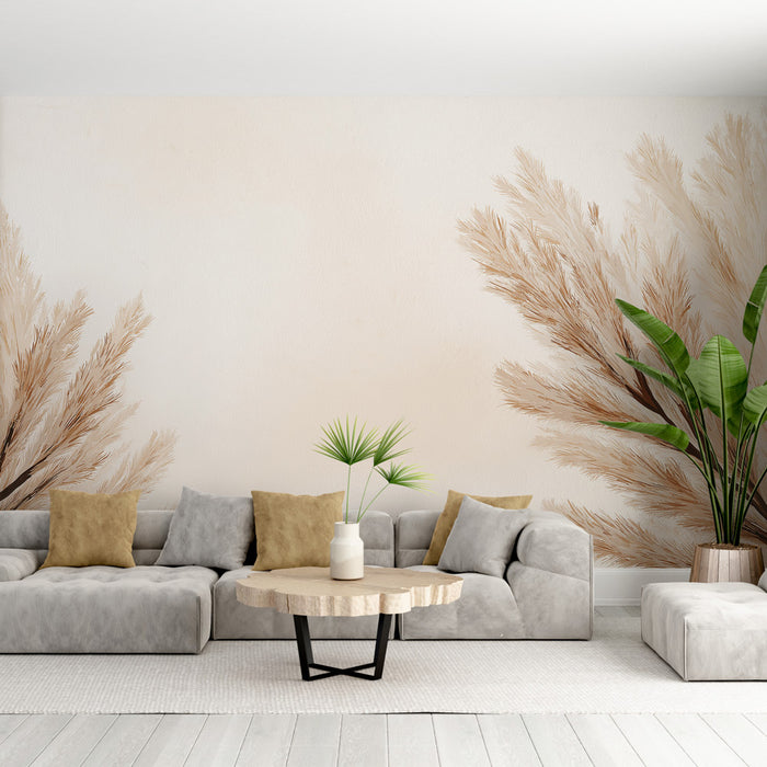 Un salon moderne avec un papier peint aux motifs de plantes sèches dans des teintes beige et crème, créant une atmosphère douce et naturelle.