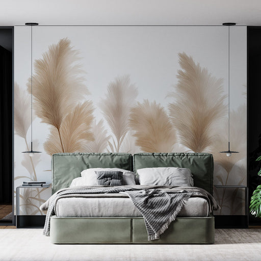 Une chambre moderne avec un papier peint représentant des herbes pampas dans des teintes douces, créant une atmosphère apaisante et élégante.