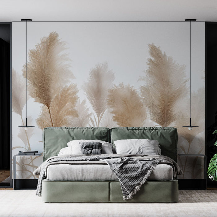 Une chambre moderne avec un papier peint représentant des herbes pampas dans des teintes douces, créant une atmosphère apaisante et élégante.