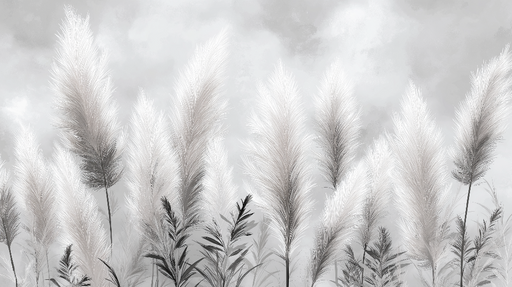 Papier peint herbes sèches Motifs subtils de graminées en tonalités de blanc et gris