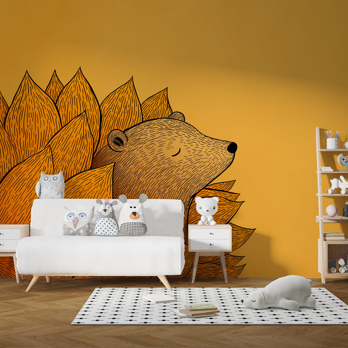 Une chambre d'enfant avec un papier peint illustrant un ours stylisé sur fond jaune vif, créant une ambiance ludique et chaleureuse.