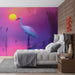 Une chambre moderne avec un papier peint représentant un héron blanc sur fond dégradé violet et rose, créant une atmosphère sereine et poétique.