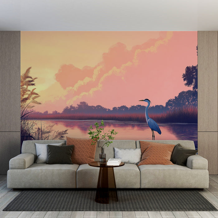 Un salon contemporain avec un papier peint représentant un paysage apaisant au crépuscule, où un héron se tient près d'un étang, évoquant une atmosphère sereine et naturelle.