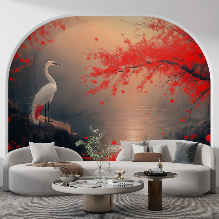Une pièce de vie élégante avec un papier peint représentant un paysage serein, un héron au bord de l'eau et des feuillages rouges évoquant une atmosphère apaisante et poétique.