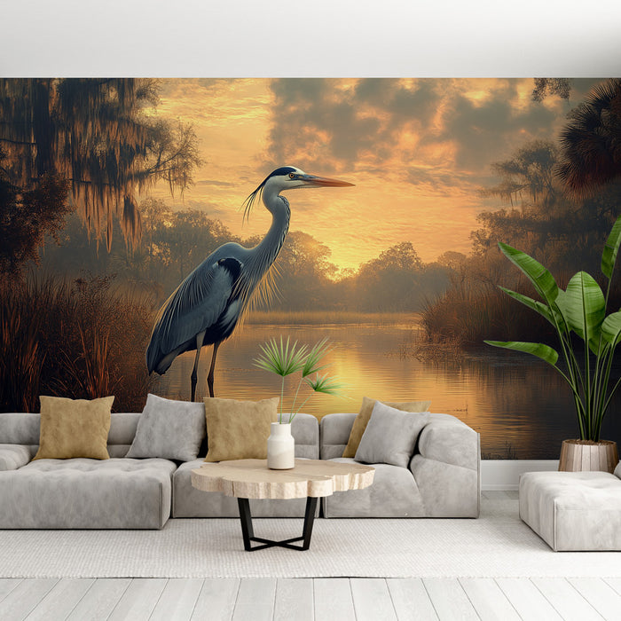 Un salon moderne avec un papier peint représentant un héron majestueux au bord d'une rivière au coucher de soleil, créant une atmosphère sereine et naturelle.