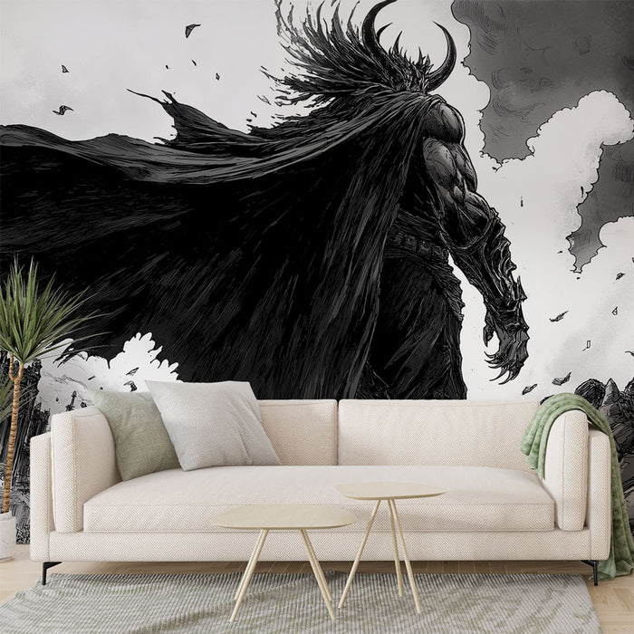 Un salon contemporain avec un papier peint illustrant une silhouette héroïque en noir et blanc, dégageant une atmosphère dramatique et puissante.