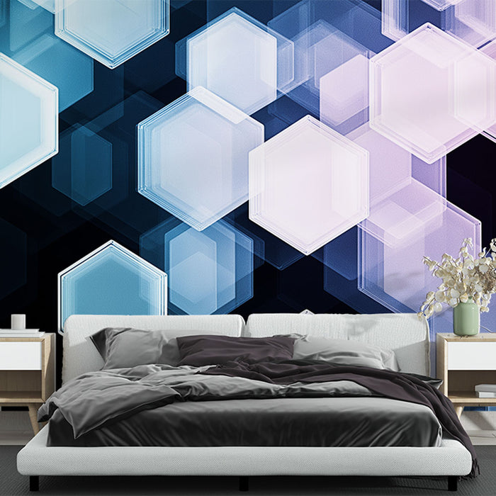 Une chambre moderne avec un papier peint abstrait aux hexagones translucides bleus et roses sur fond noir, créant une ambiance dynamique et contemporaine.