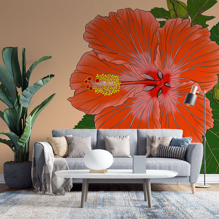 Un salon moderne avec un papier peint représentant une grande fleur d'hibiscus rouge vif sur fond beige, créant une ambiance tropicale et chaleureuse.