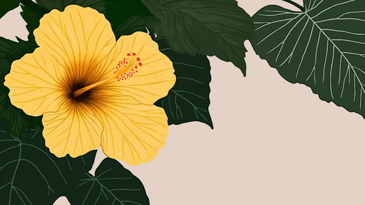 Papier peint hibiscus jaune Fleur d'hibiscus  entourée de feuillage luxuriant