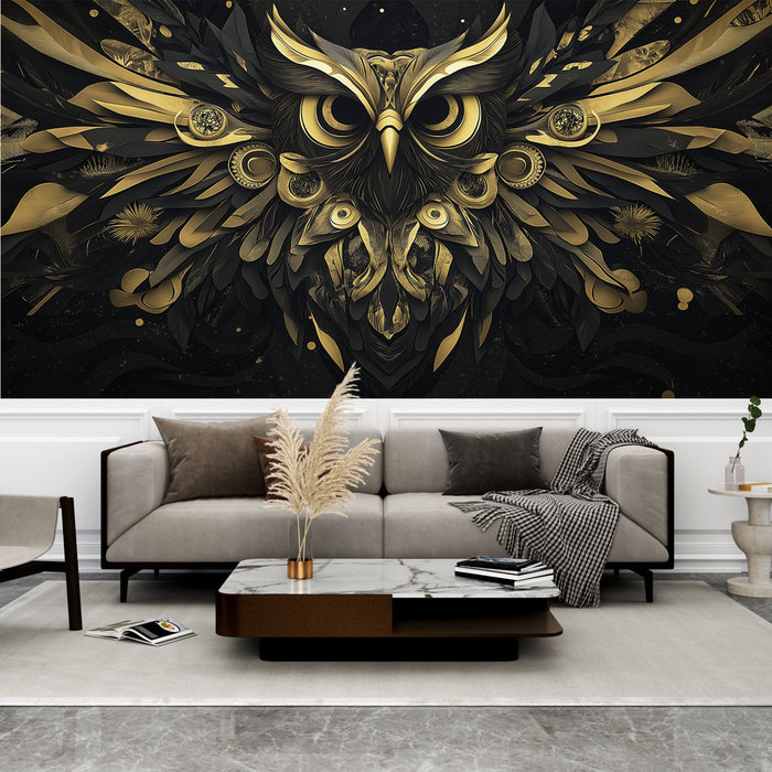 Papier peint hibou doré | Motif artistique en noir et or représentant un hibou stylisé
