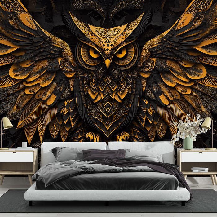 Papier peint hibou en or | Motif élégant d'un hibou majestueux aux plumes dorées et noires