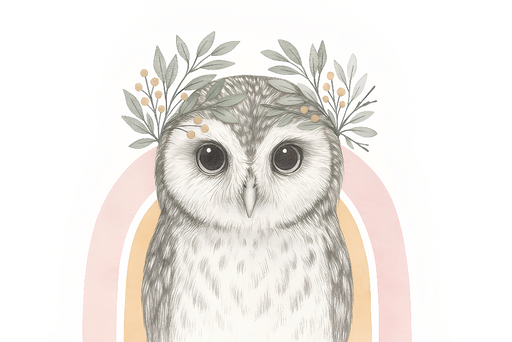 Papier peint hibou Hibou délicat entouré de plantes dans des couleurs douces