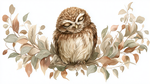 Papier peint hibou Hibou endormi entouré de feuillage délicat