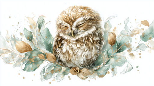 Papier peint hibou Hibou endormi entouré de feuilles délicates