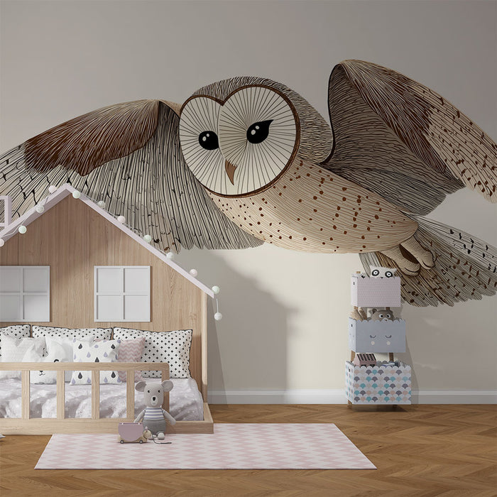 Une chambre d'enfant avec un papier peint illustrant une chouette stylisée aux tons doux, créant une atmosphère ludique et apaisante.
