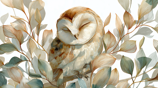 Papier peint hibou Hibou stylisé entouré de feuilles délicates